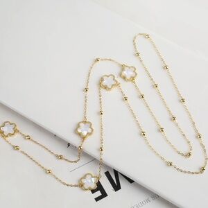 Golden White Clover Necklace - Stainless Steel - 34"